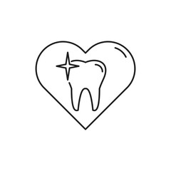Tooth icon inside heart. Dentist flat sign/symbol. Outline thin line illustration. Isolated on white background. 
