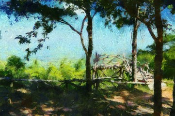 Balcony made of trees Illustrations creates an impressionist style of painting.