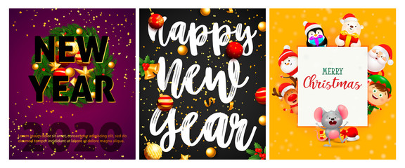 New Year violet, grey, yellow banner set with animals, baubles