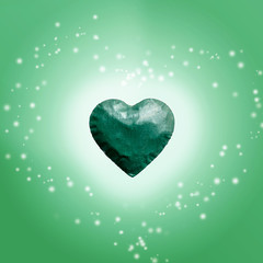 大きな緑のハートと緑系バックとコピースペースとハート型のキラキラ