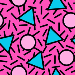 Vector seamless pattern with geometric strokes elements. Memphis geometric outline trendy modern style. 