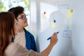 Group of business people looking and discussing ideas over whiteboard in office