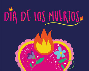 dia de los muertos card lettering with heart and flowers