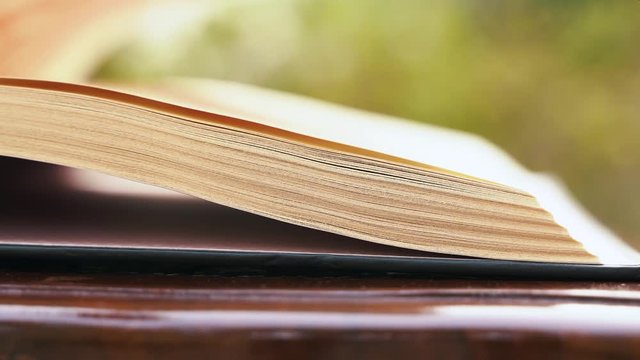close up shot of  turning pages of old book in wooden table, Research literature for learning education concept, 4K , details of book papers edge