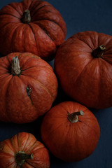 Orange pumpkins close-up, top view, selective focus. Template fall harvest thanksgiving halloween anniversary invitation cards. Dark background, photo in dark processing