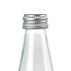 Glass bottle with metal lid. Close up. Isolated on white background.