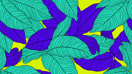 Foliage seamless pattern, leaves line art ink drawing in blue and green on yellow