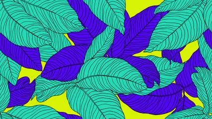 Afwasbaar fotobehang Foliage seamless pattern, leaves line art ink drawing in blue and green on yellow © momosama