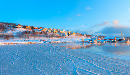 Beautiful winter landscape of Residential hillside houses in Tromso - Norway