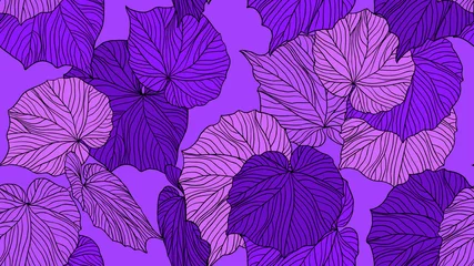 Fototapeten Foliage seamless pattern, leaves line art ink drawing in purple on purple © momosama