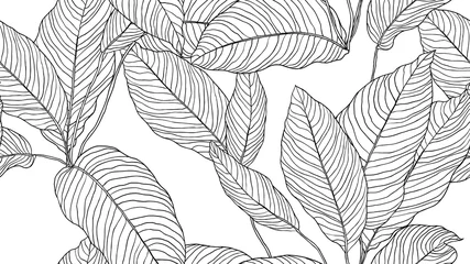 Poster Im Rahmen Laub nahtloses Muster, Blätter Strichzeichnungen in Schwarz und Weiß © momosama