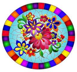 Illustration in stained glass style with bright abstract flowers and leaves on blue background, oval image in bright frame