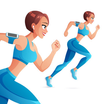 Athletic woman running with earphones. Vector illustration.