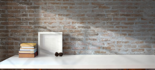 Mock up frame with copy space on white wooden table and vintage brick wall