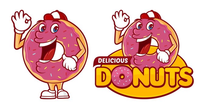 Delicious donut logo template, with funny character cartoon vector