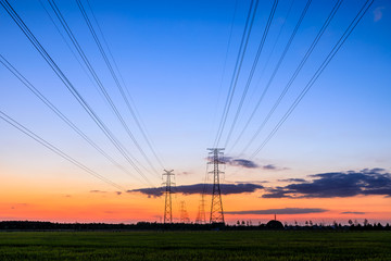 High voltage electricity tower sky sunset landscape,industrial background.