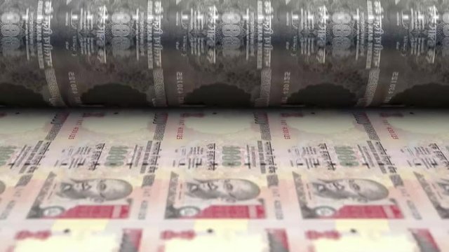 A loop able animation concept image showing a long sheet of indian rupee notes going through a print roller in its final phase of a print run