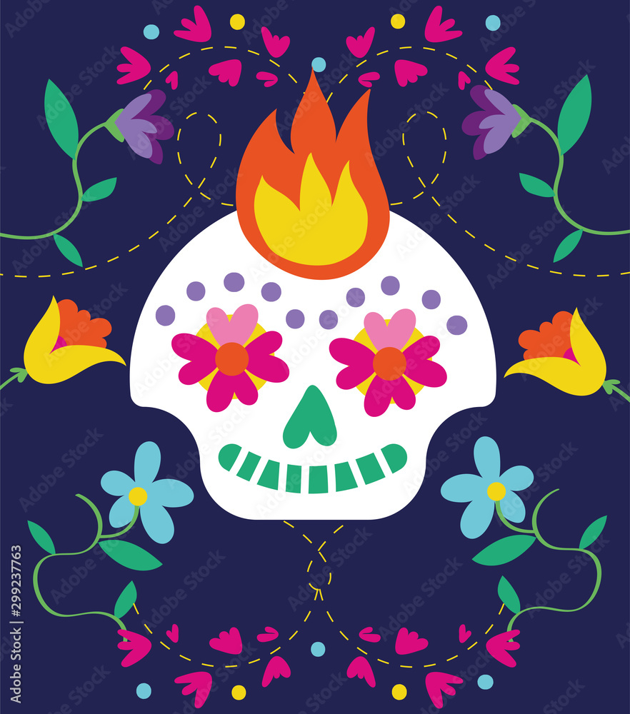 Sticker dia de los muertos card with skull and flowers