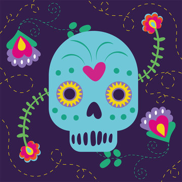 dia de los muertos card with skull and flowers