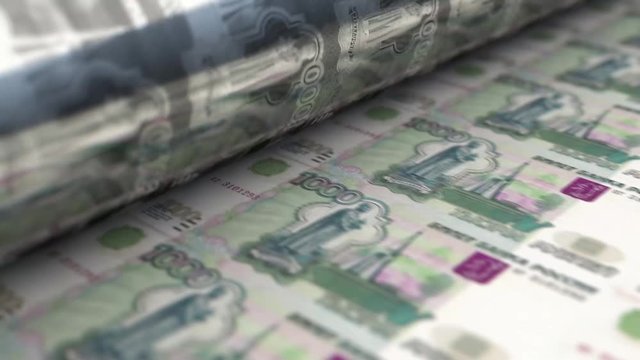 A loop able animation concept image showing a long sheet of Russian Ruble notes going through a print roller in its final phase of a print run