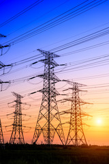 High voltage electricity tower sky sunset landscape,industrial background.