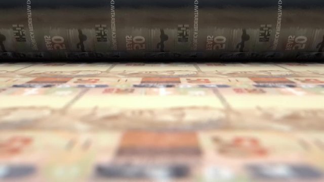 A loop able animation concept image showing a long sheet of brazilian real notes going through a print roller in its final phase of a print run