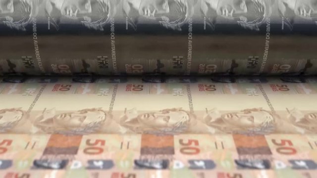 A loop able animation concept image showing a long sheet of brazilian real notes going through a print roller in its final phase of a print run