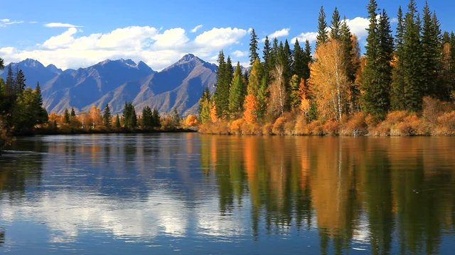 Tranquil autumn landscape with a reflection of yellowed trees and a mountain range in the Irkut River on a sunny day. Siberia, Baikal region, Eastern Sayan Mountains,  Buryatia, Tunka valley