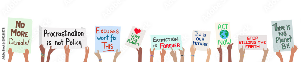 Wall mural Banner of school children holding climate change protest signs in hands