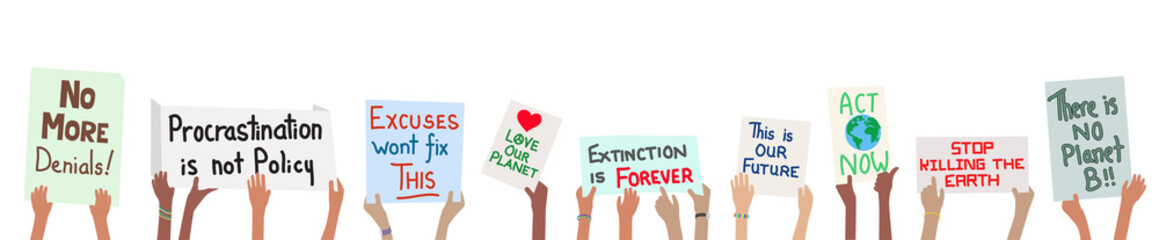 Banner of school children holding climate change protest signs in hands - obrazy, fototapety, plakaty