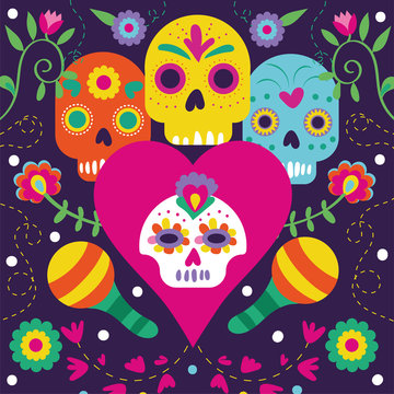 dia de los muertos card with flowers and skulls