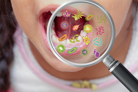 Mouth Bacteria And Diseases In Magnifying Glass, Dental Hygiene