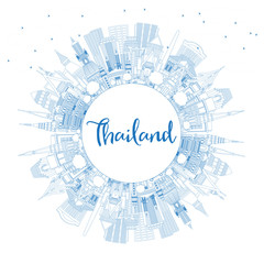 Outline Thailand City Skyline with Blue Buildings and Copy Space. - obrazy, fototapety, plakaty