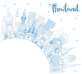 Outline Thailand City Skyline with Blue Buildings and Copy Space.