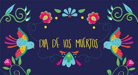 dia de los muertos card lettering with birds and flowers