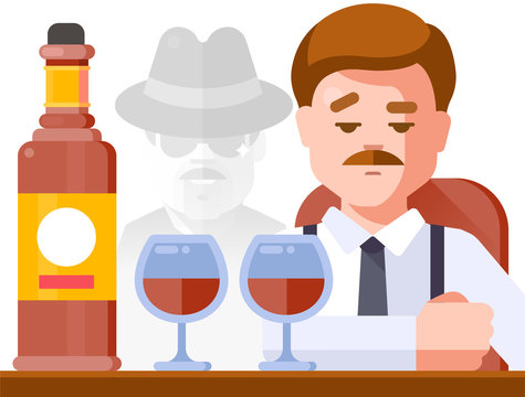 Godfather of mafia with bottle of alcohol. Vector illustration.