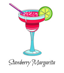 Cocktail drink, strawberry margarita with lime and straw, isolated icon