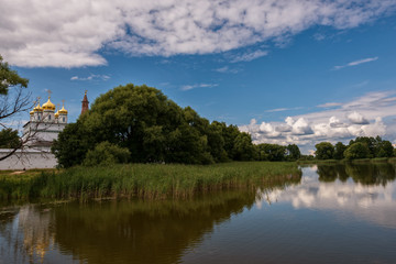 View of the central Cathedral from the lake. Russian shrines. Joseph-Volotsky Monastery in Teryaev. Moscow region, Teryaevo.