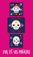 dia de los muertos card with lettering and skulls