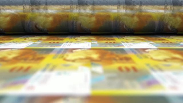 A loop able animation concept image showing a long sheet of Swiss Franc notes going through a print roller in its final phase of a print run