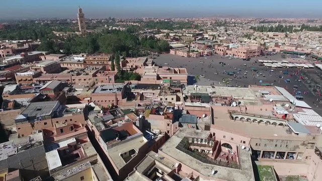 Marrakesh main square by dron at a sunny day.