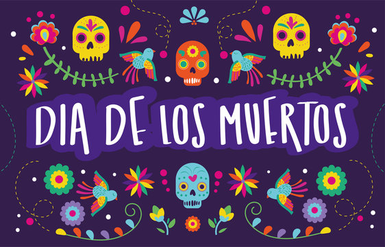 dia de los muertos card with calligraphy and skulls floral decoration