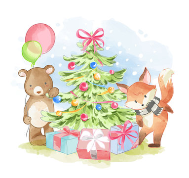 animal friends with Christmas tree illustration