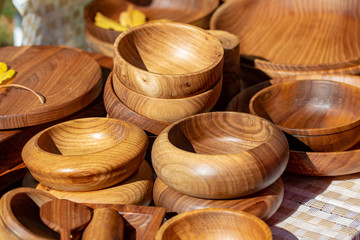 wooden utensils. natural wood kitchen utensils - plates and supplies