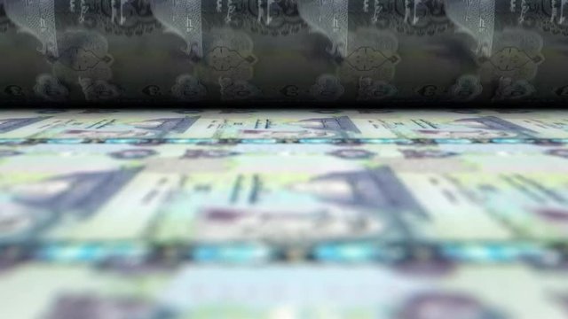 A loop able animation concept image showing a long sheet of Dubai Dirham notes going through a print roller in its final phase of a print run