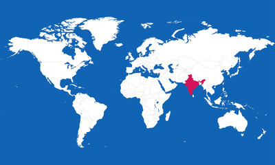 Fototapeta na wymiar World map highlighted india with pink color vector