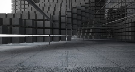 Abstract architectural concrete  interior  from an array of white cubes with large windows. 3D illustration and rendering.