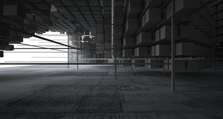 Abstract architectural concrete  interior  from an array of white cubes with large windows. 3D illustration and rendering.