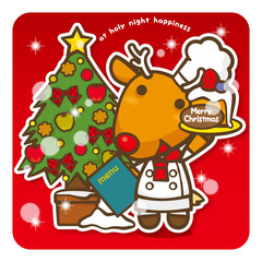 Fototapeta premium はっぴークリスマス トナカイシェフの苺のケーキでお持てなし（赤）