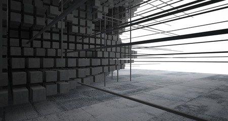Abstract architectural concrete  interior  from an array of white cubes with large windows. 3D illustration and rendering.